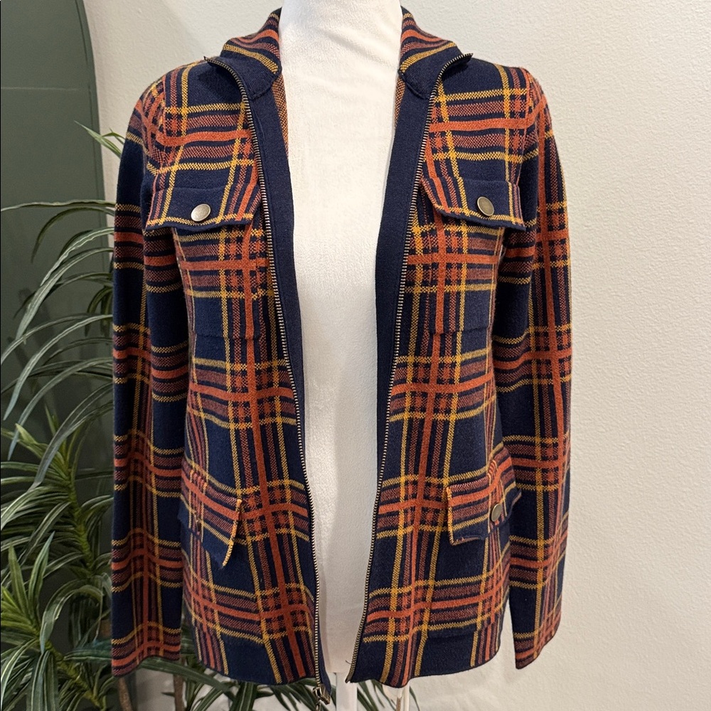 Rachel Zoe Plaid Zip Front Sweater Jacket Shacket Navy Blue Orange NWOT XS - Picture 5 of 16